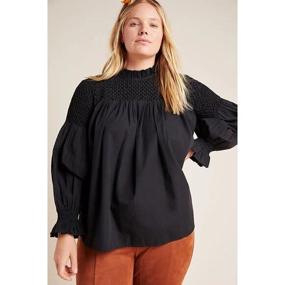 Maeve for Anthropologie Modern Peasant Top Womens Size 6 Black Smocked Cotton - Picture 1 of 8